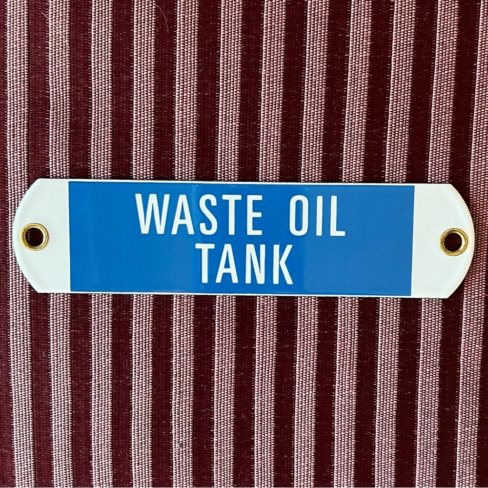 Vintage, new, old stock CHEVRON Waste Oil Tank gasoline porcelain tag RARE